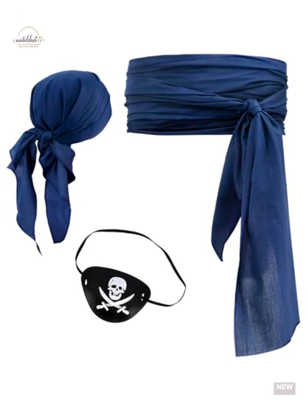 Pirate Halloween Costume 3 Pc Set Head Scarf Bandana Belt Sash Eye Patch Cosplay